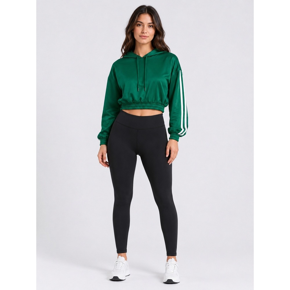 Roma Concept Green Cropped Hoodie Size M White Sleeve Stripe Athletic Pullover